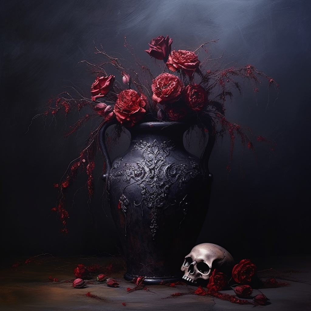 Dark Gothic Vase with Dry Red Flowers