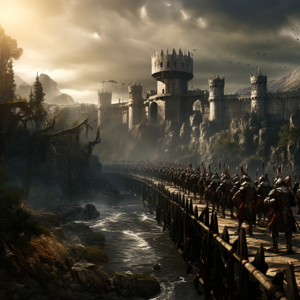 Gothic knights in epic battle crossing bridge