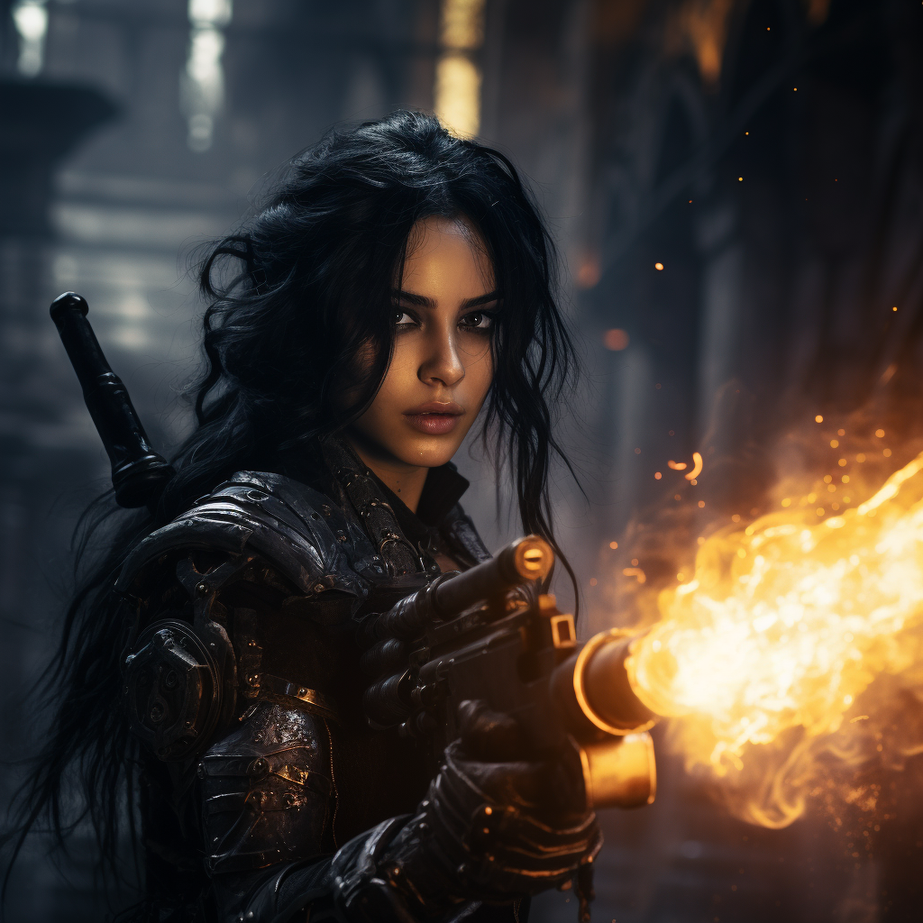 Gothic warrior women with flamethrower and alien