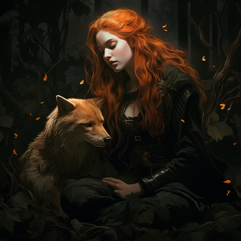 Gothic woman petting a fox in dark forest