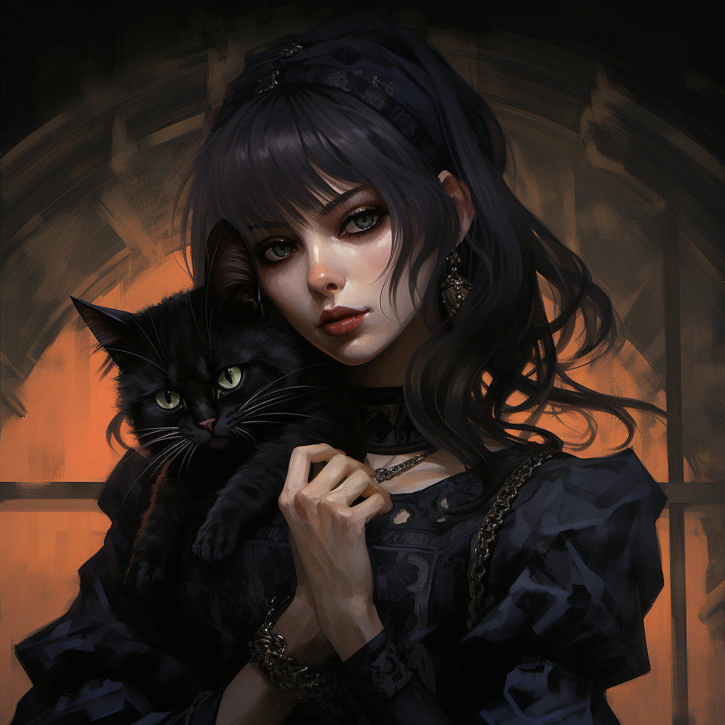 Gothic Anime Woman with Cat