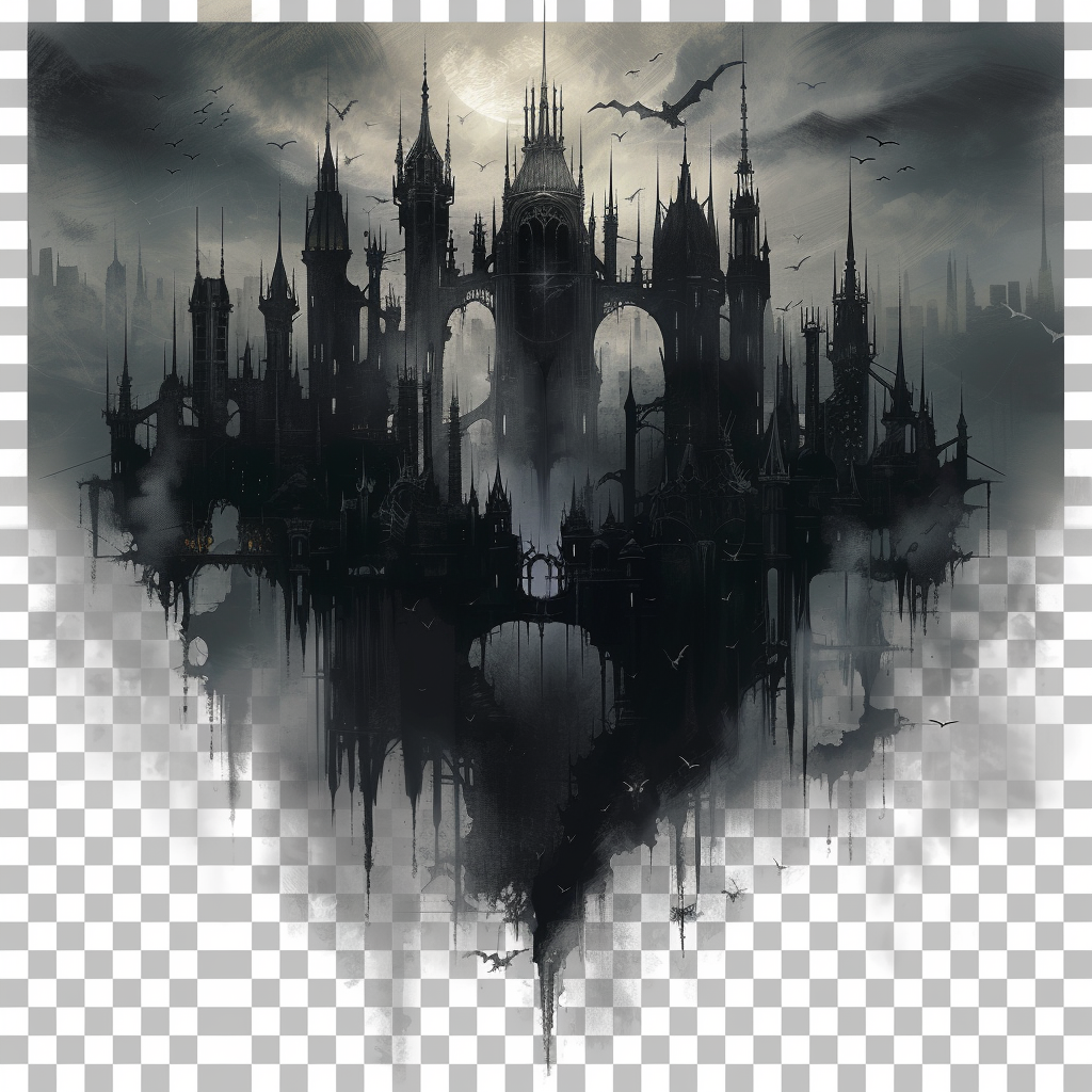 Gothic city symbol with dark skyscrapers and monstrous statues