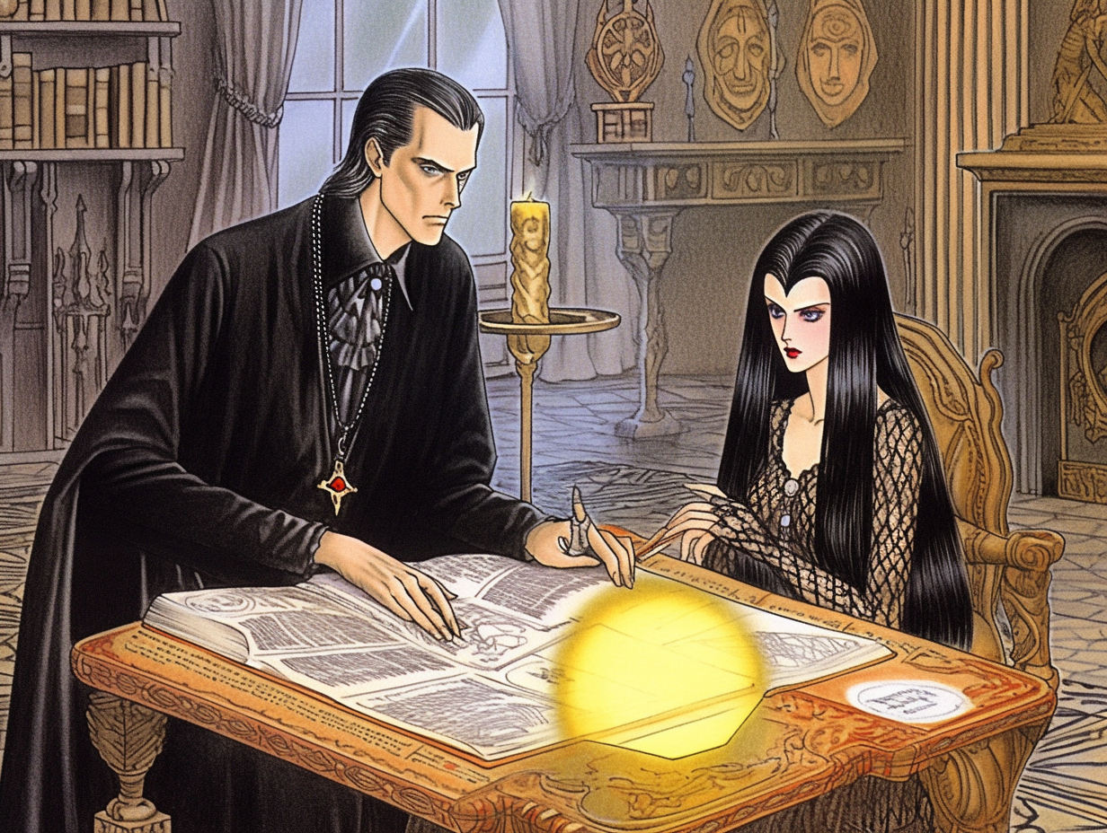 Fair vampire summoning demon in gothic scene
