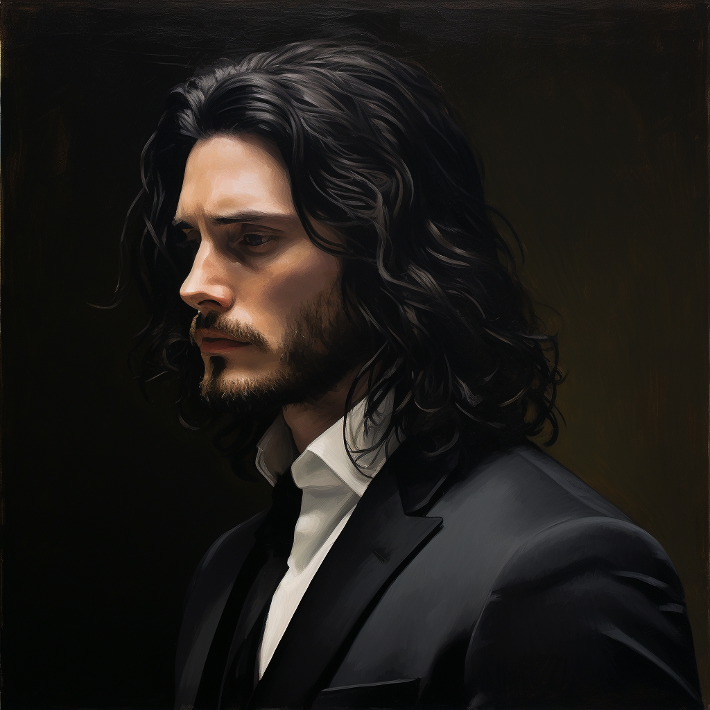 Oil painting of a gothic man with long black hair