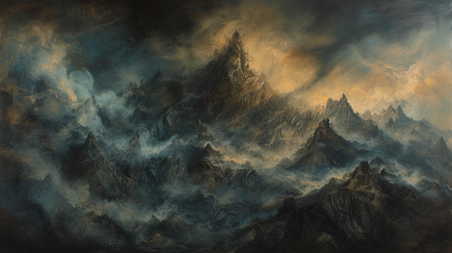 Gothic mountain painting with cloudy skies