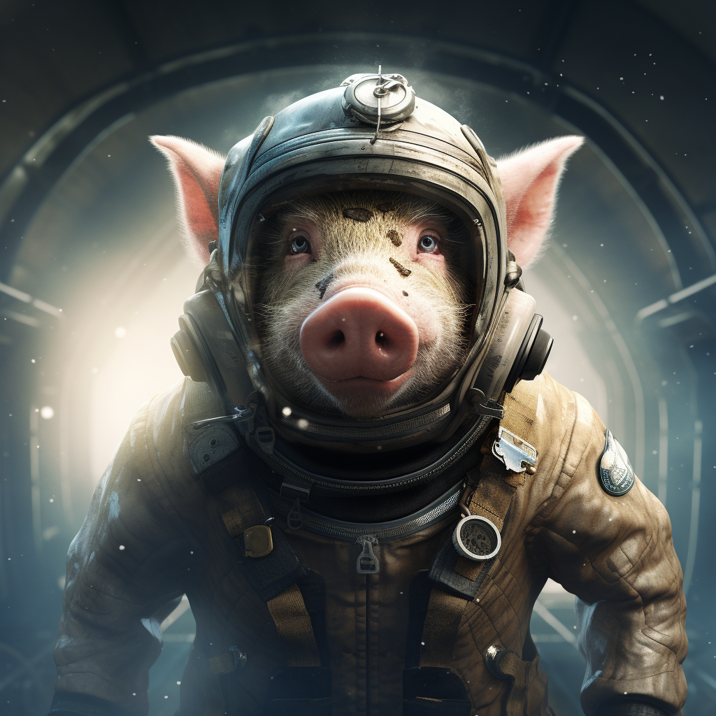 Gothic pig with surprised expression in astronaut clothing