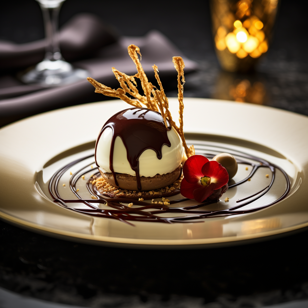 Exquisite gourmet chocolate sphere dessert with gold leaf