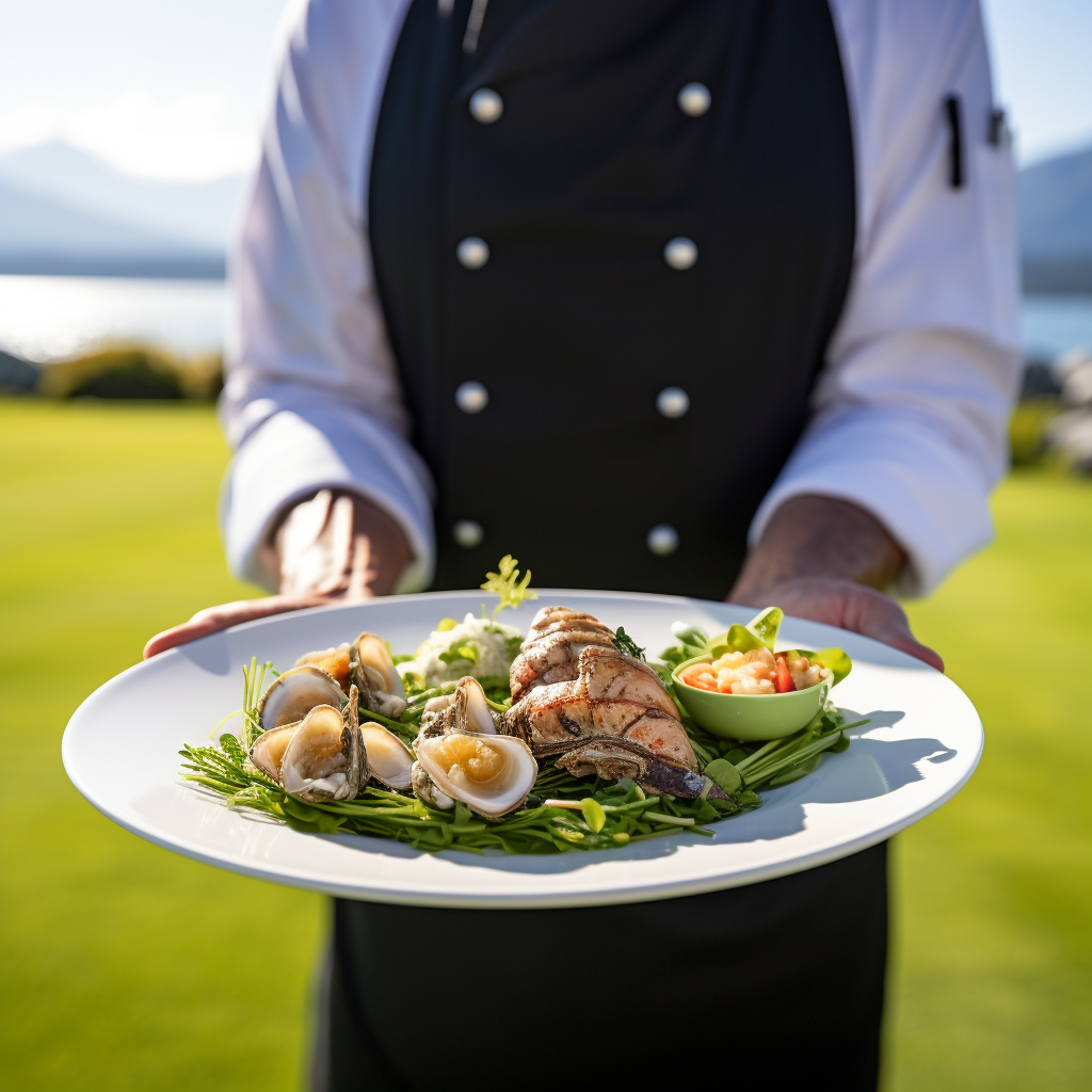 Chef serving gourmet plates in nature