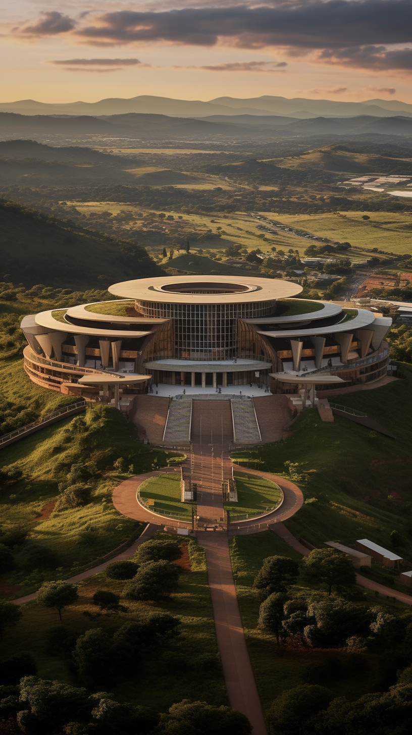 Realistic view of Eswatini government building surrounded by grass