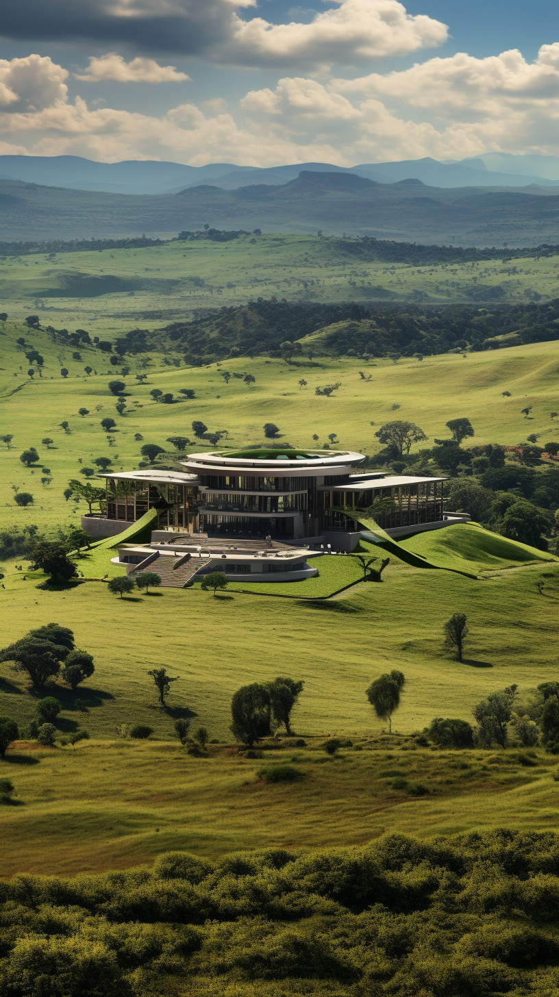 Government Building in Eswatini surrounded by green fields and trees