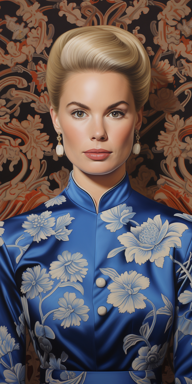 Oil painting of Grace Kelly in Kehinde Wiley style