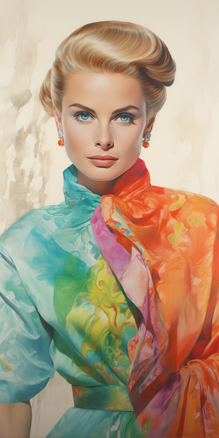 Colored pencil portrait of Grace Kelly with layered hues