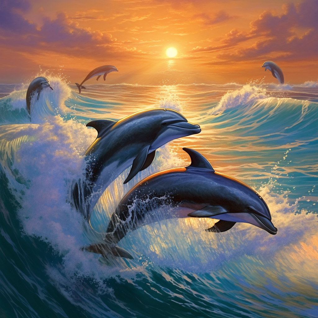 Dolphins and Whales playing in waves