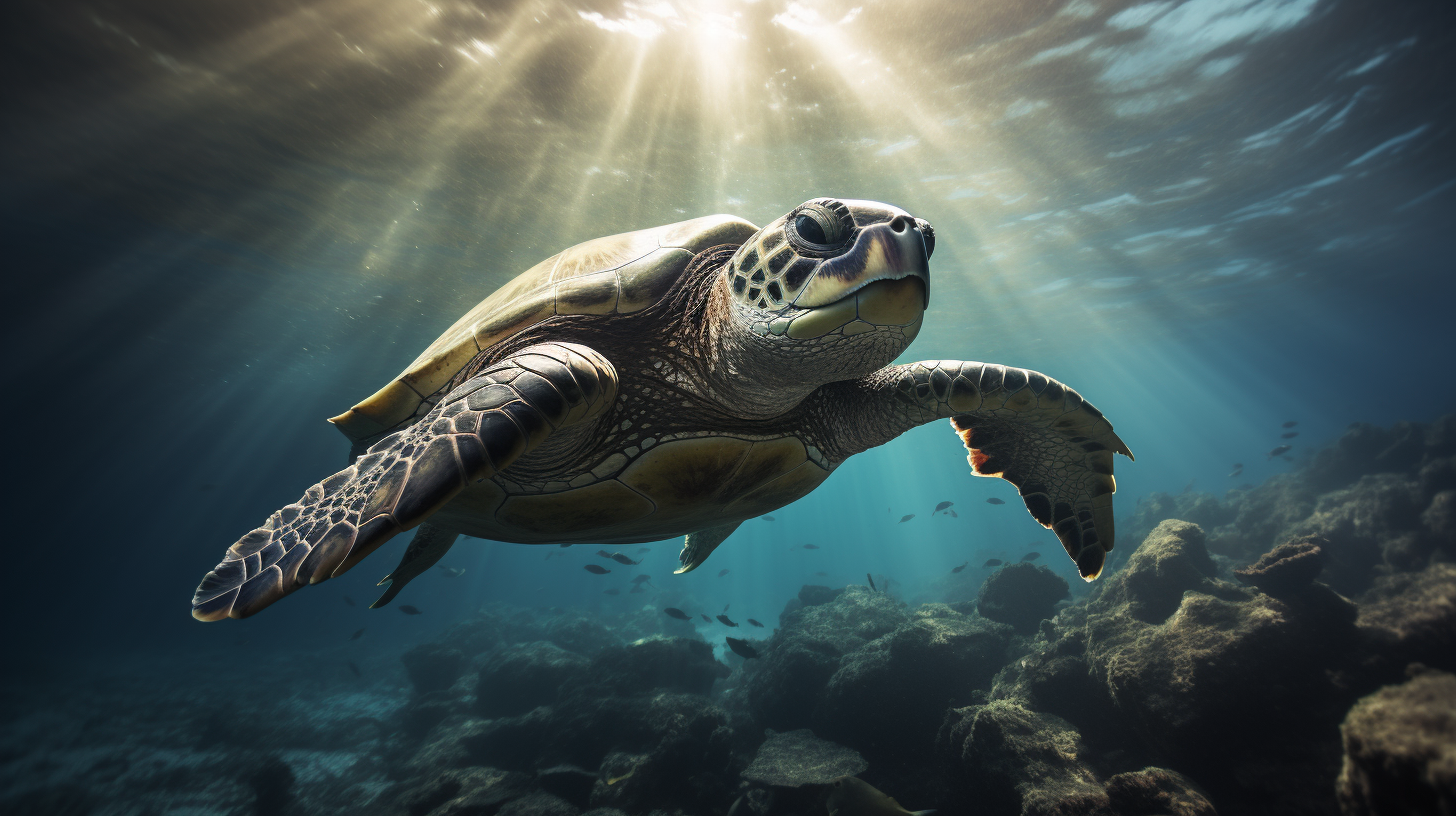 Turtle ascending through radiant underwater sunlight