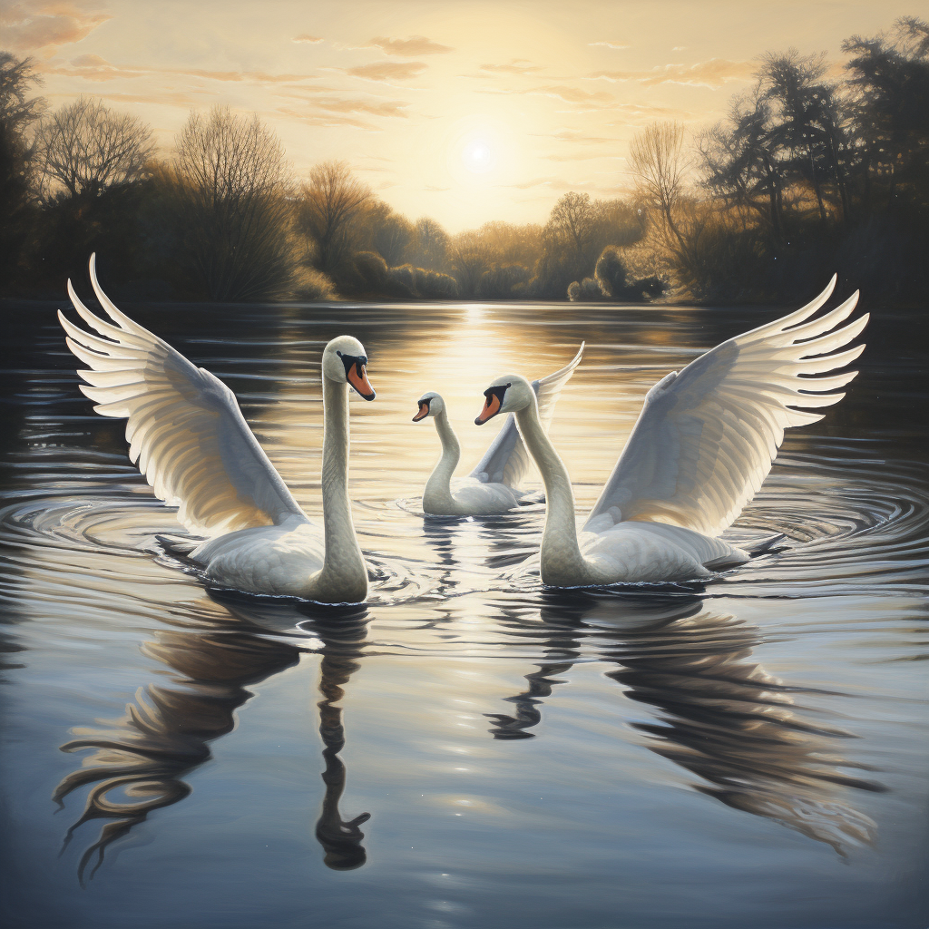 Four beautiful swans swimming in a serene lake