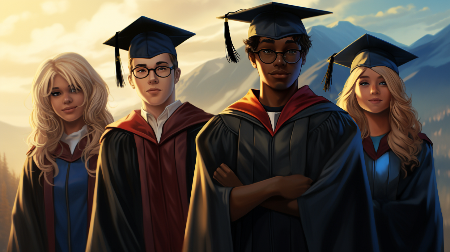 Group of confident graduation teens in cap and gown