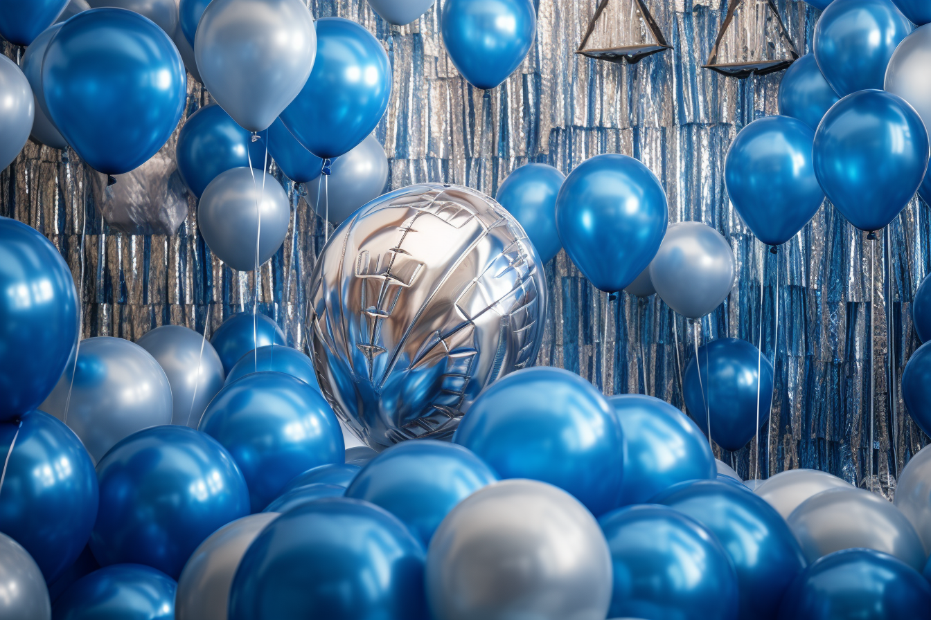 Graduation wall with blue and silver balloons