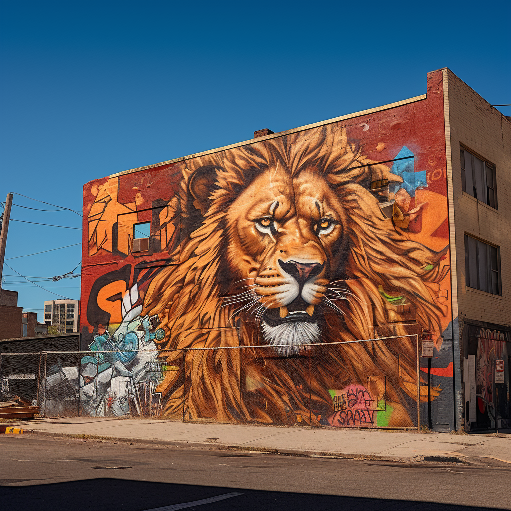 Colorful graffiti lion in bustling city