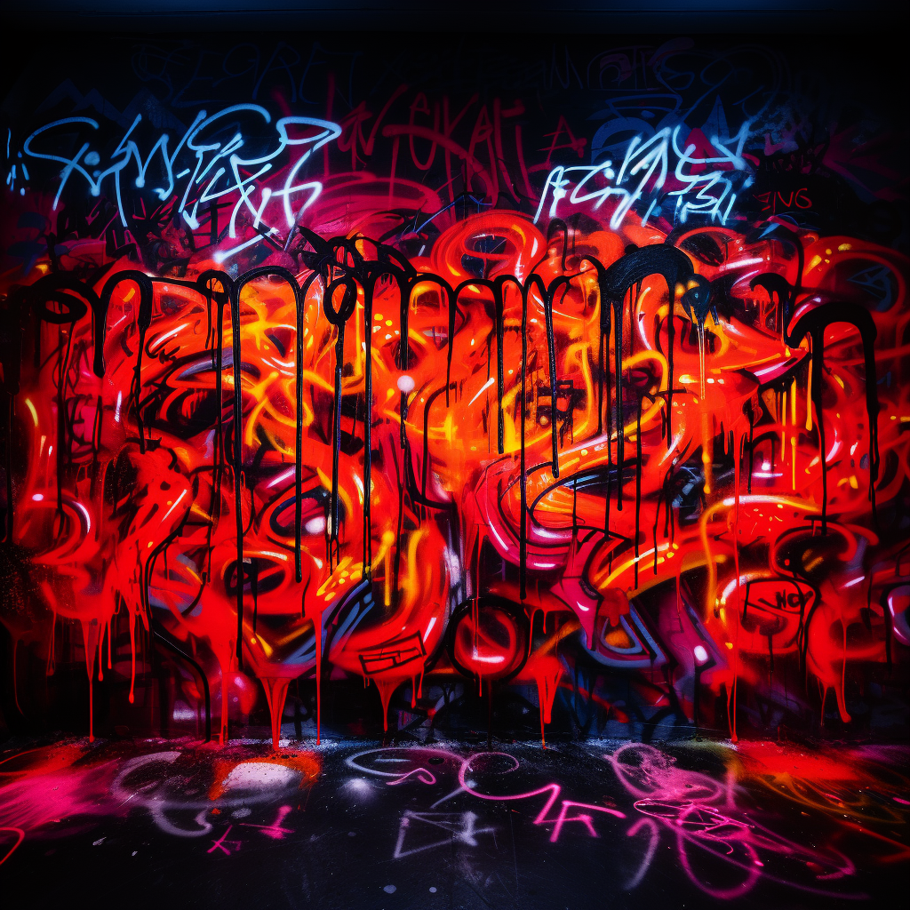 Neon graffiti in red, yellow, orange, darkness, black