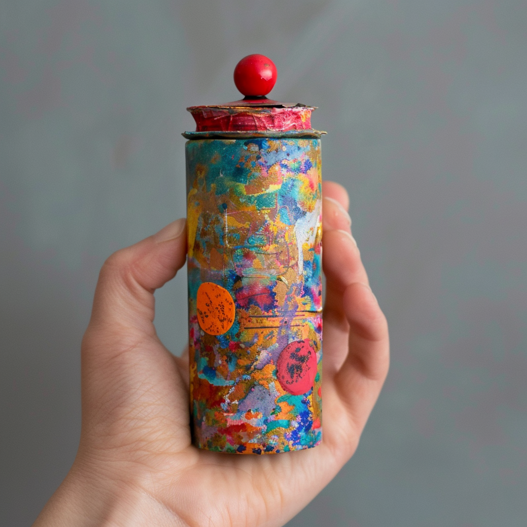 Child holding graffiti covered cylinder