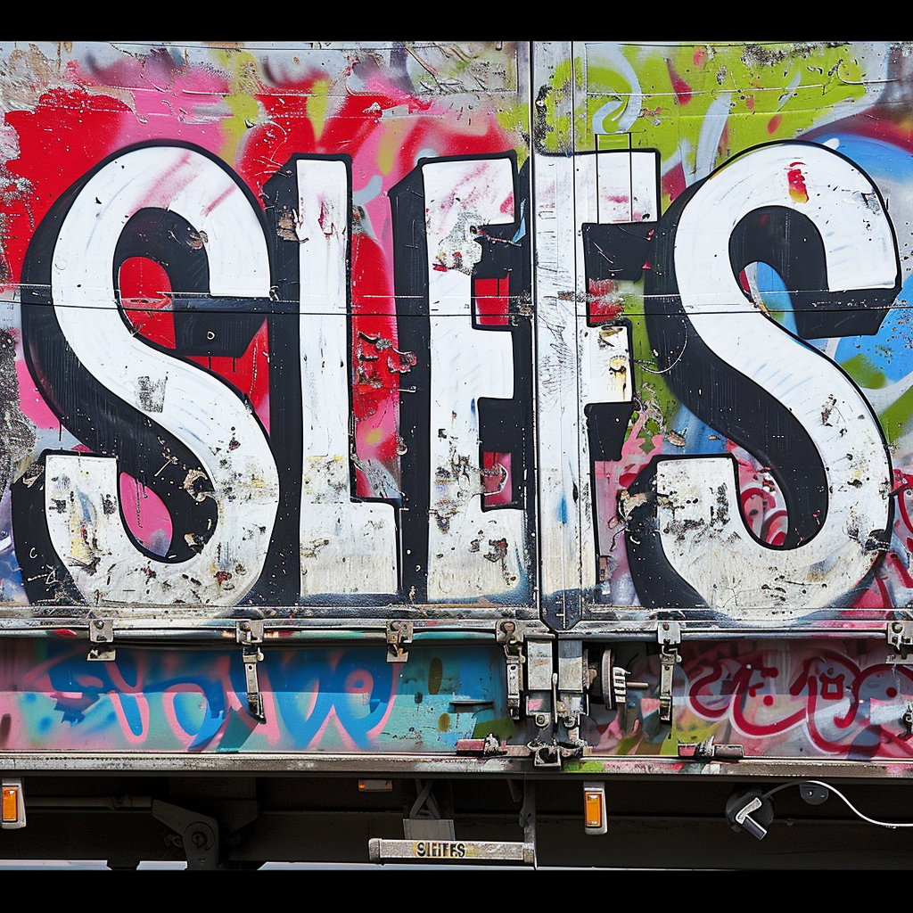 Graffiti spelling  SLEFS  on a lorry