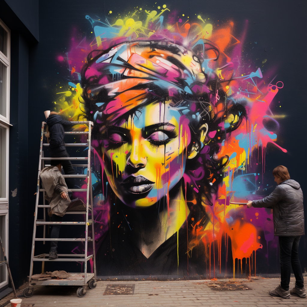 Neon graffiti art of a woman with leather jacket