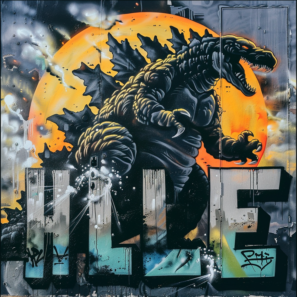 Expert graffiti art with dark Godzilla theme