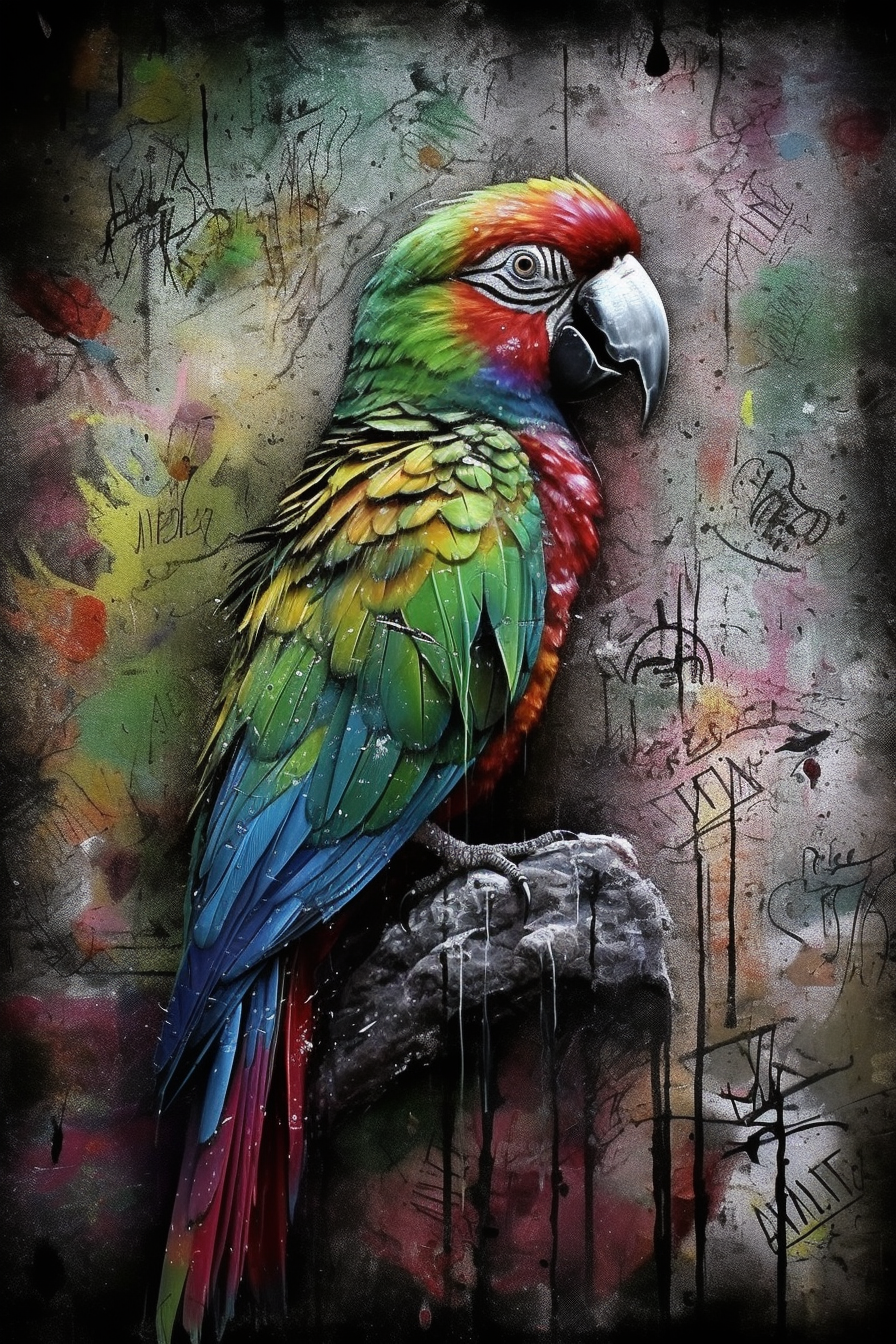 Graffiti parrot painted on stone wall