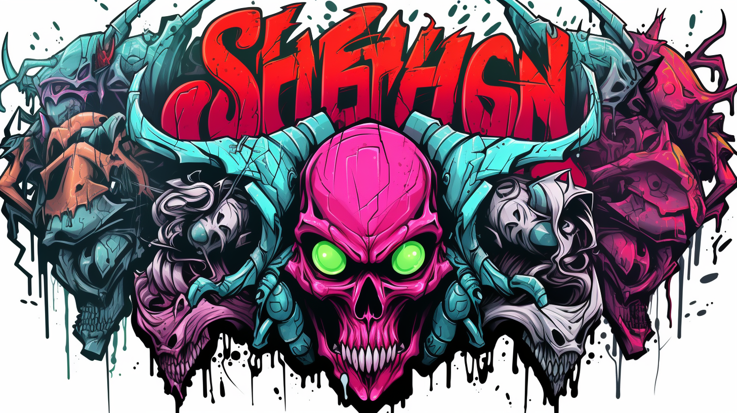 Illustration of colorful Slanesh demons grafitti