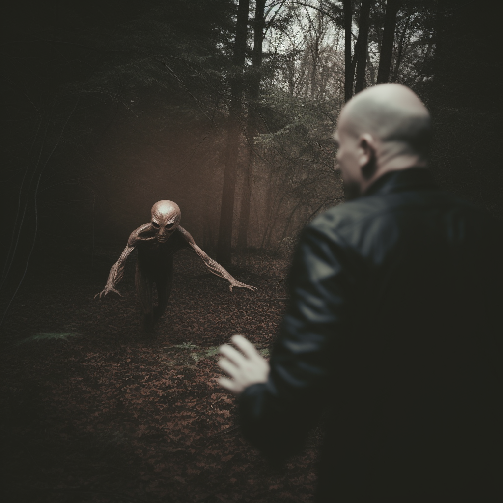 Dark forest with alien and Tony Soprano playing tag
