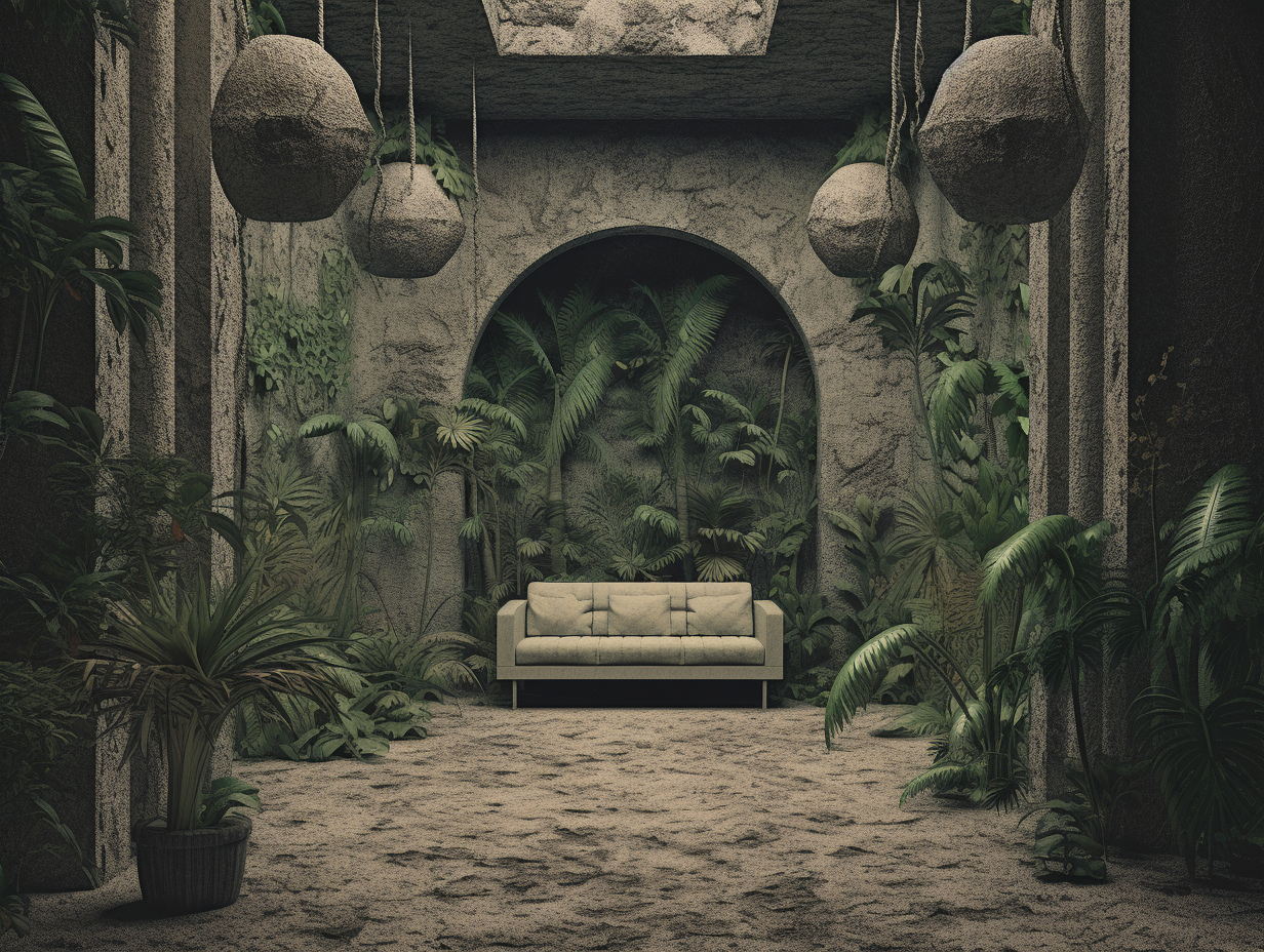 Grainy cement living room with tropical rainforest