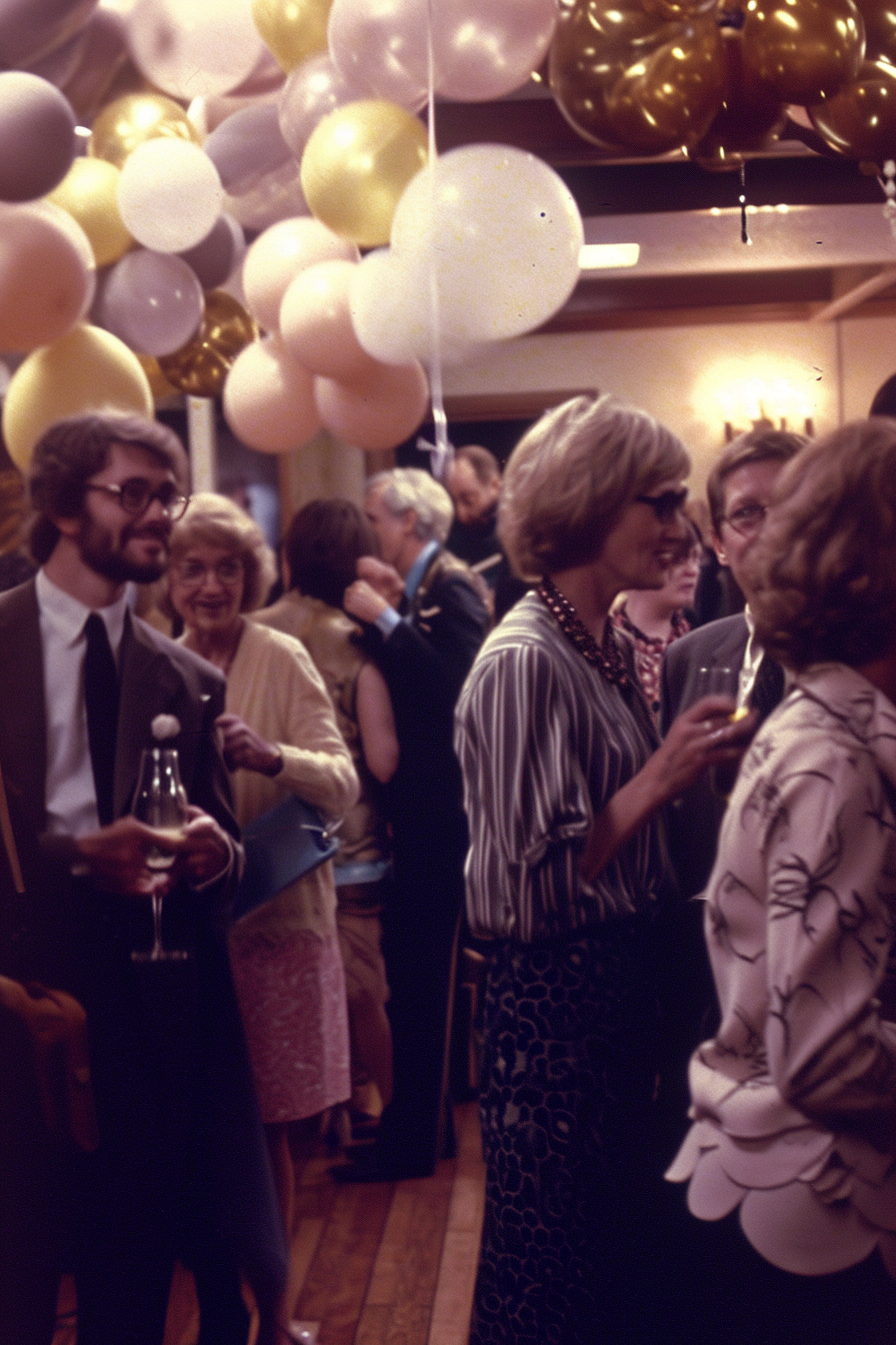 People enjoying a nostalgic 1981 office party