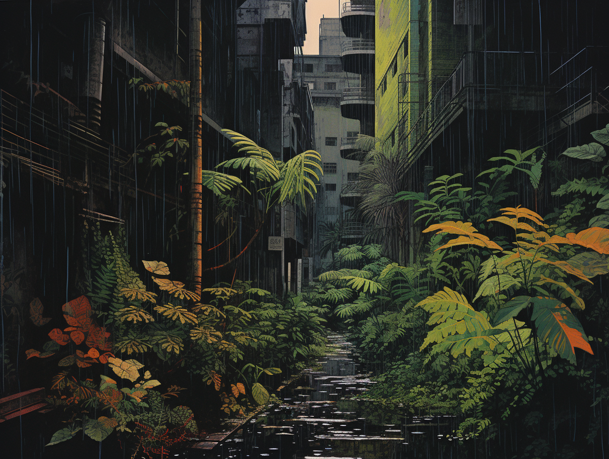 Grainy 60s Tropical City Street Illustration