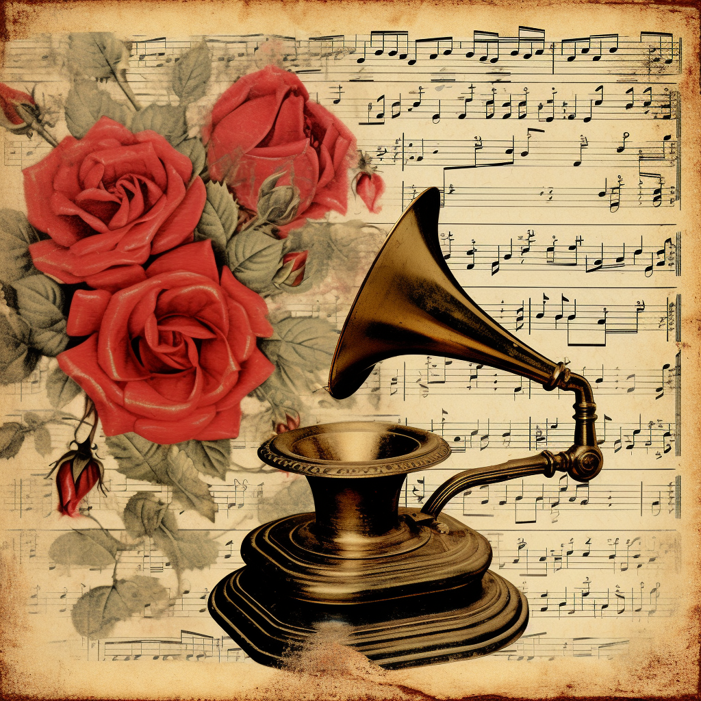 Vintage gramophone with red roses scrapbook background