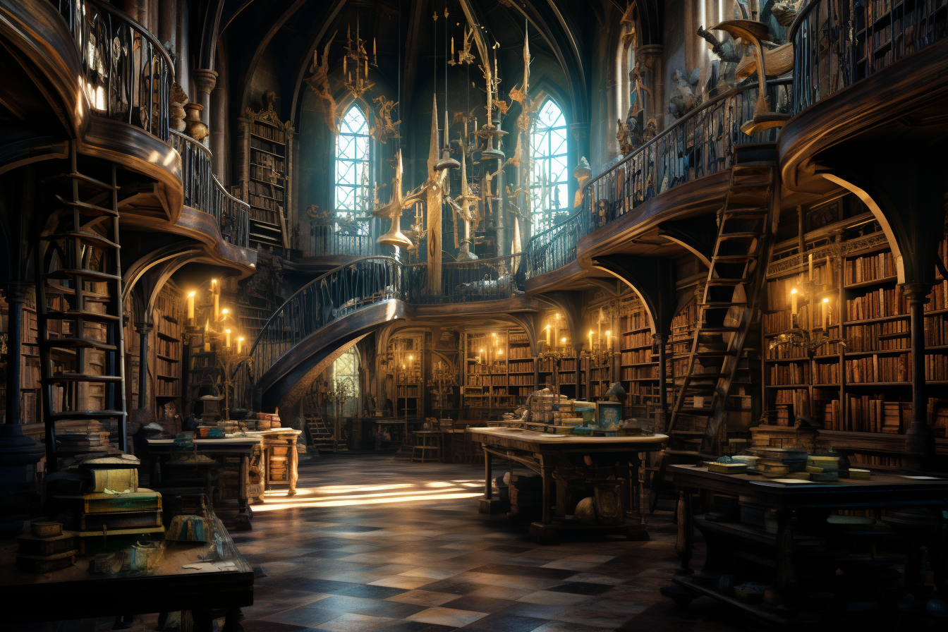 A magical scene inside the grand Candlekeep Library