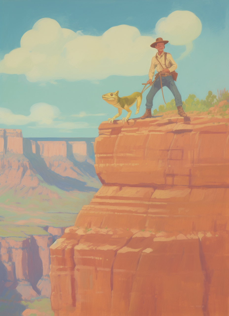 Boy cowboy hat riding giant frog at Grand Canyon