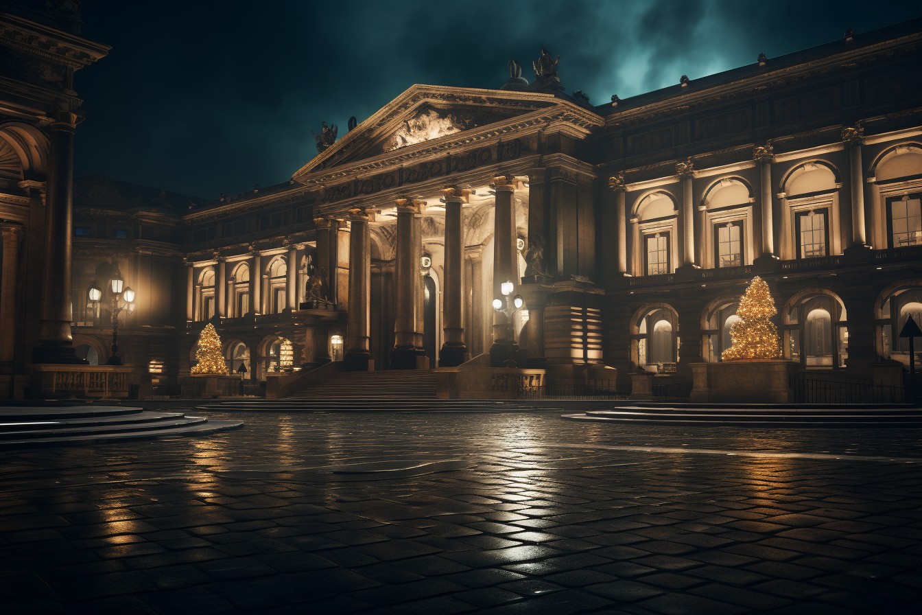 Beautifully detailed neoclassical city courtyard at night