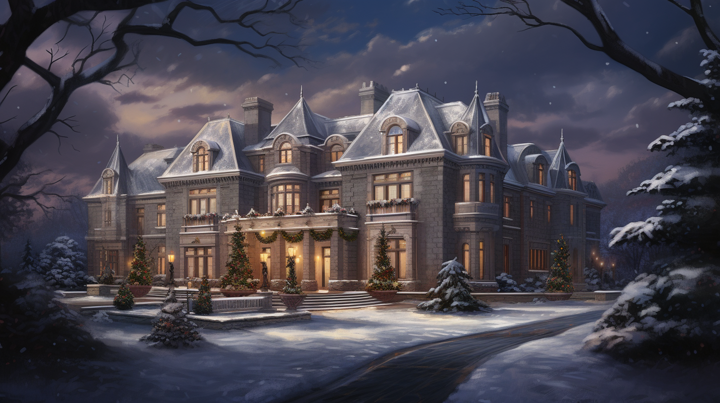 Luxurious winter night mansion view