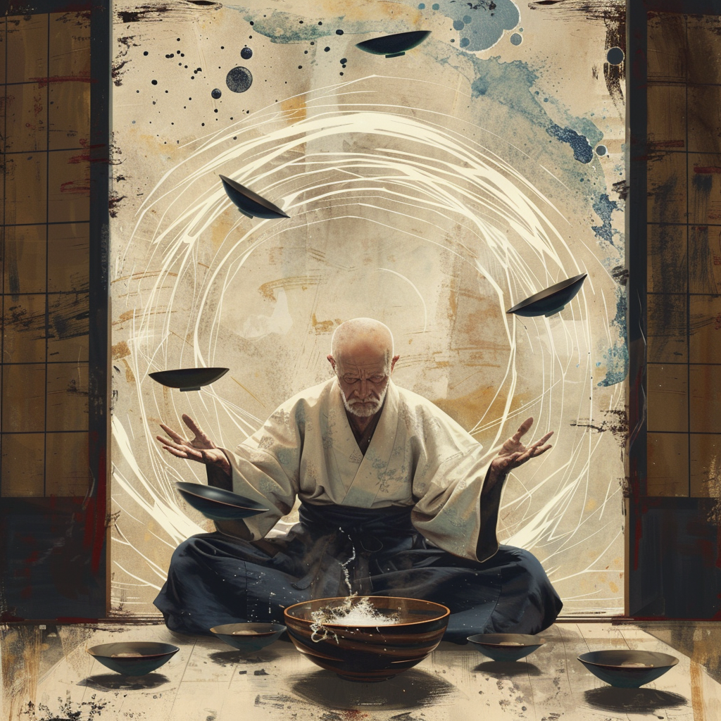 Zen master with flying dishes