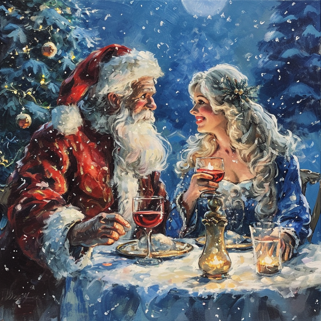 Grandfather Frost and Snow Maiden at New Year's Table