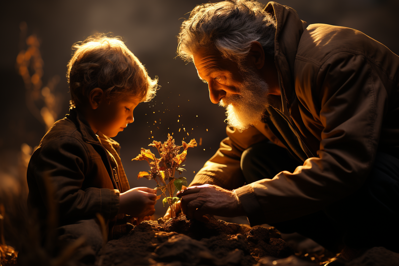 Grandfather and grandchild planting a tree together