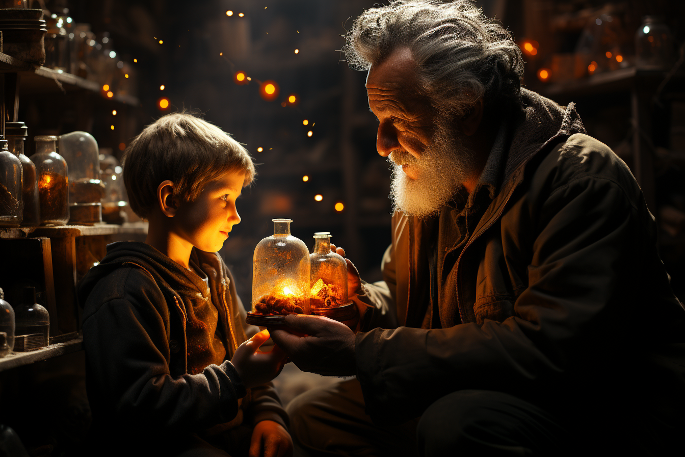 Grandfather and grandchild repairing in garage