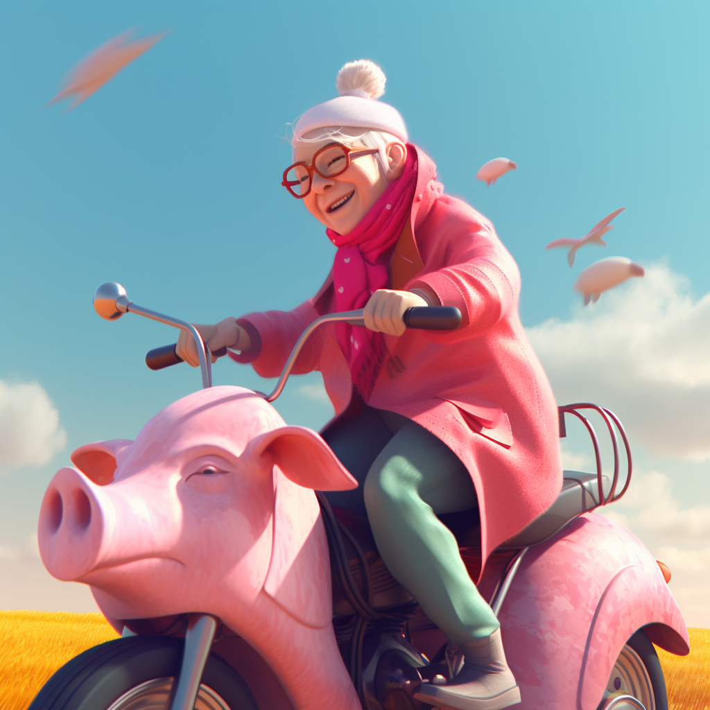 Grandma riding a pig-motorcycle in a pink raincoat