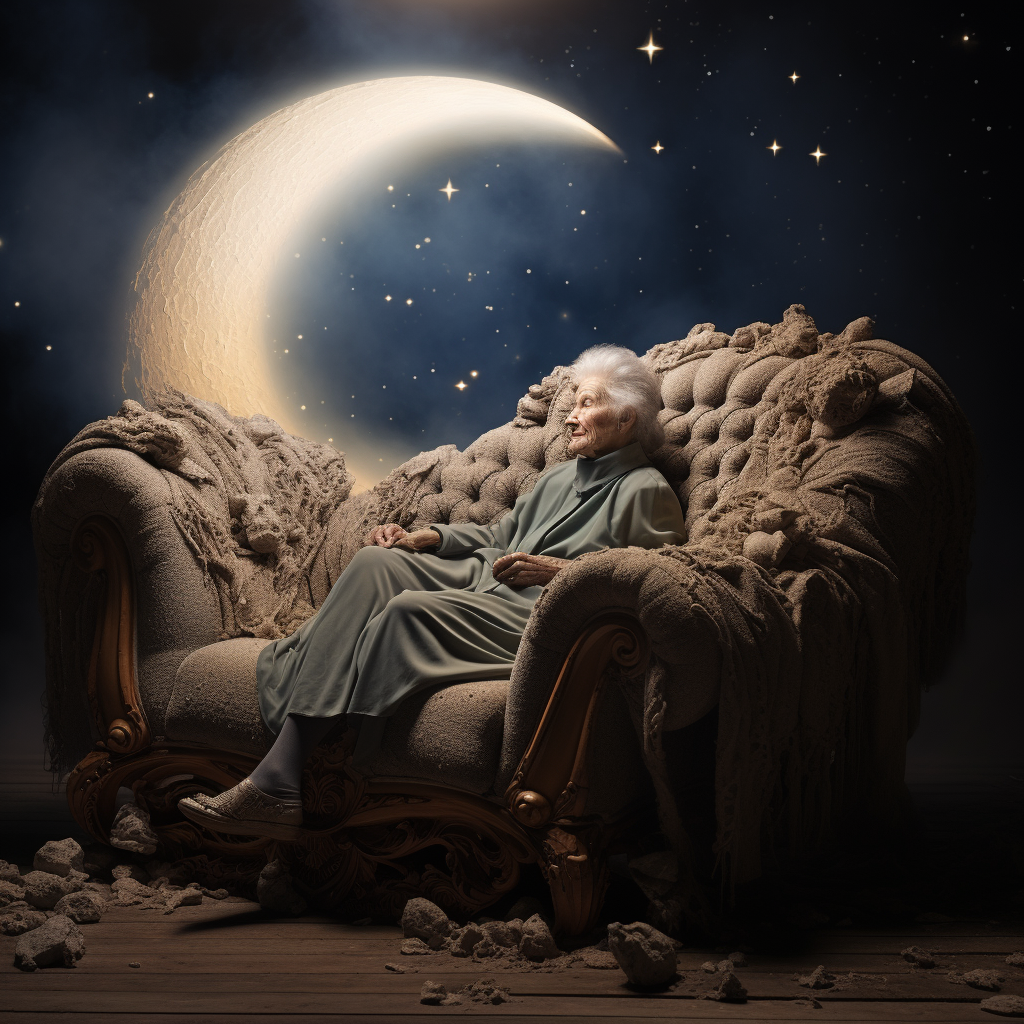 Grandma sitting on sofa under moonlight