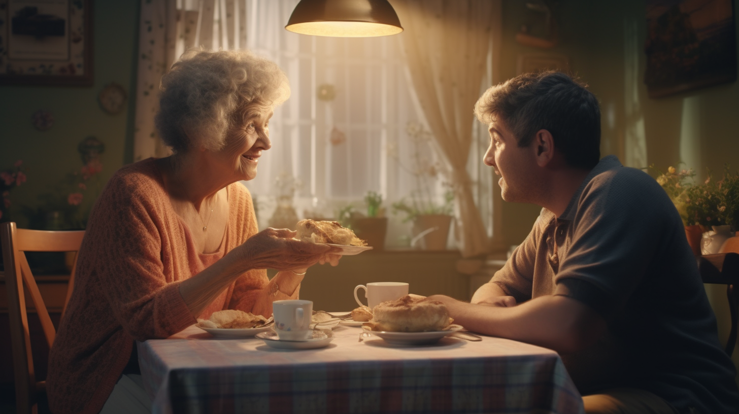 Grandma enjoying breakfast at home (6 words)