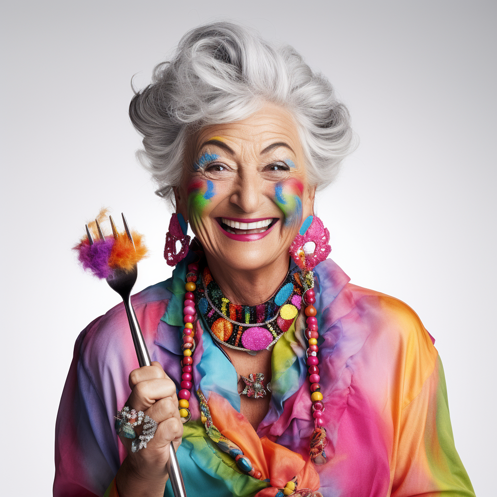 Smiling grandma with fork in colorful suit