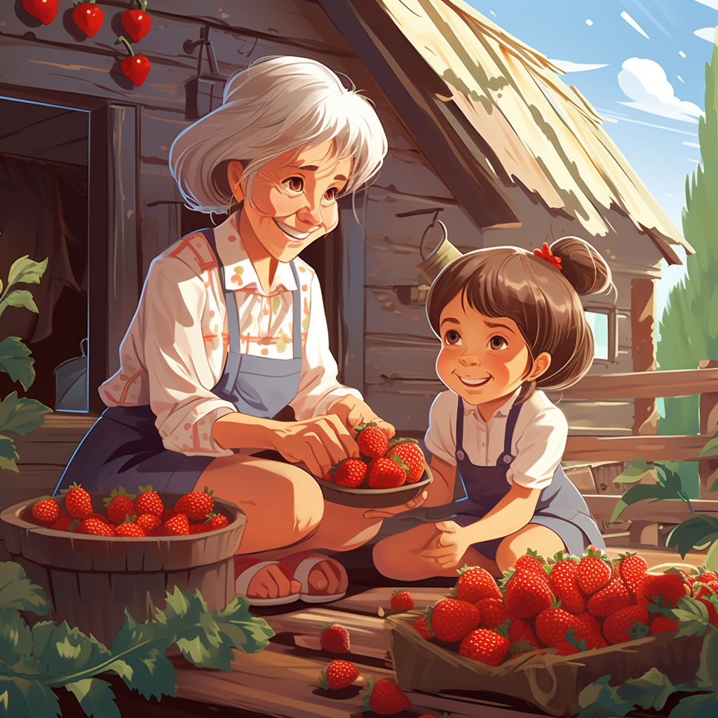 Kind grandmother and granddaughter picking strawberries