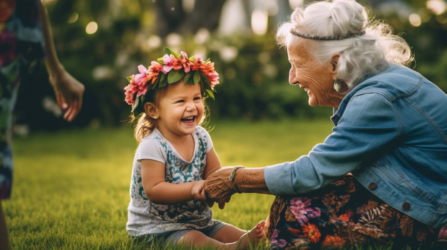 Grandmother with flower headband playing with grandkid