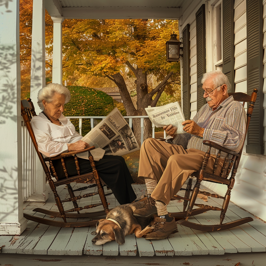 Elderly couple rocking chair sad dog