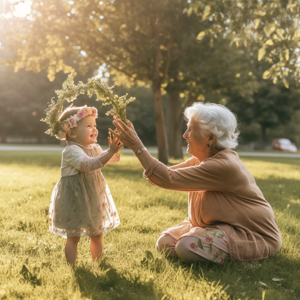 Grandmother with Flower Headband Playing with Grandkid